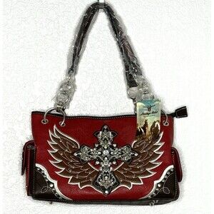 Heritage West Red Rhinestone Cross Winged Western Double Strap Handbag Purse NEW